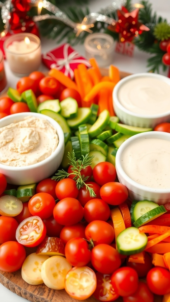 A vibrant Christmas veggie board with assorted vegetables and dips, garnished with herbs.